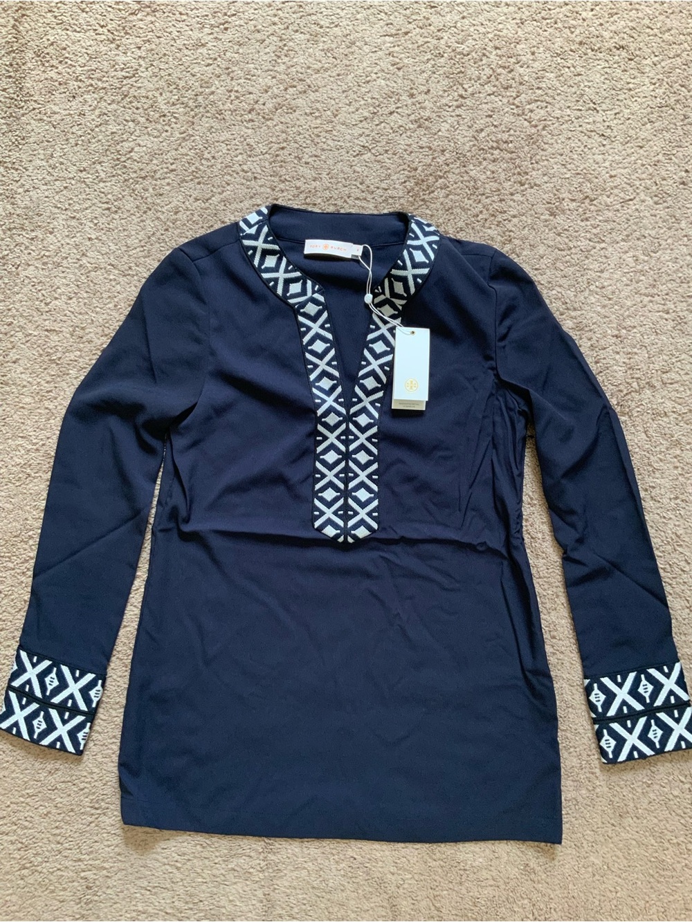Women’s Tory Burch Classic Tunic Navy Blue Geometric Aztec Long Sleeve Size 0